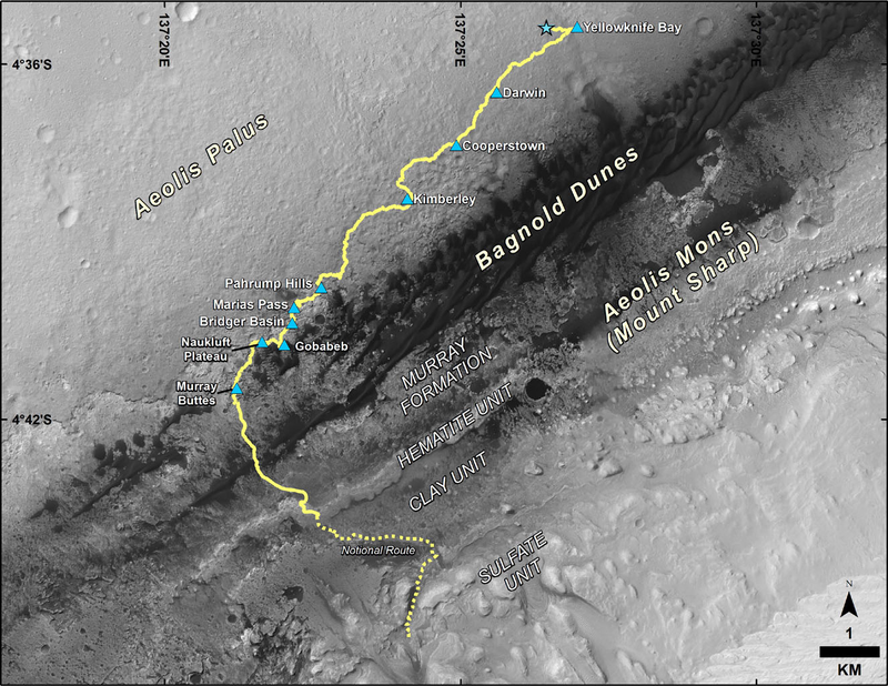 The route driven by Curiosity from the location where it landed four years ago to its current location at Murray Buttes, and the path planned for reaching destinations at “Hematite Unit” and “Clay Unit” on lower Mount Sharp. (Image: NASA/JPL-Caltech/Univ. of Arizona)